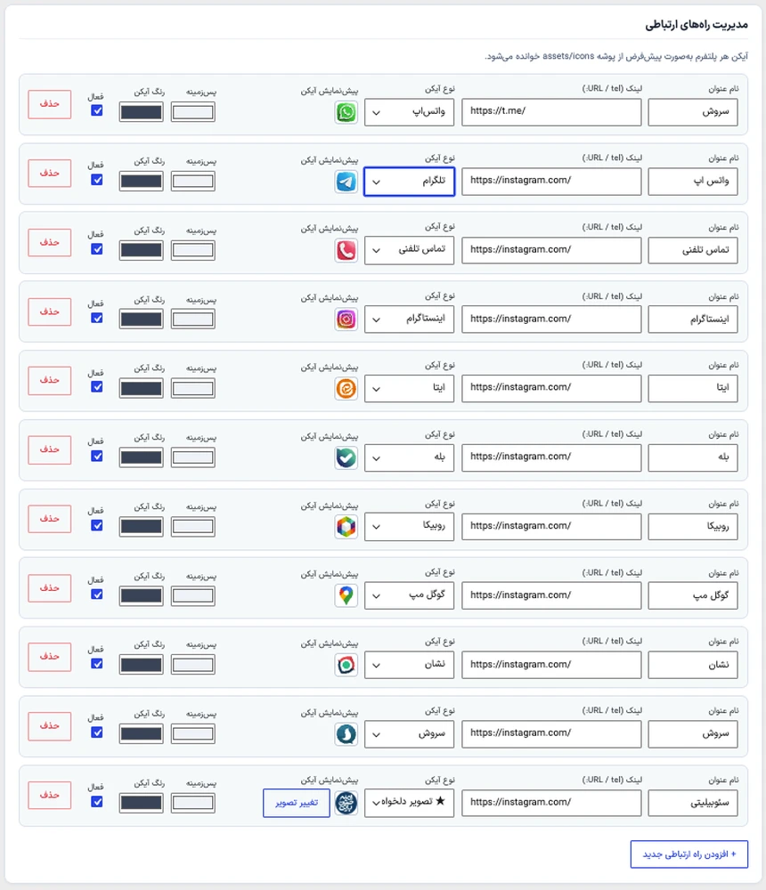 لیست شبکه های اجتماعی در کامل ترین افزونه تماس با ما